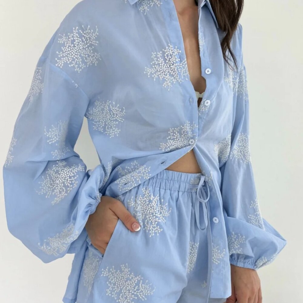 Commense Embroidery Casual Shorts Set